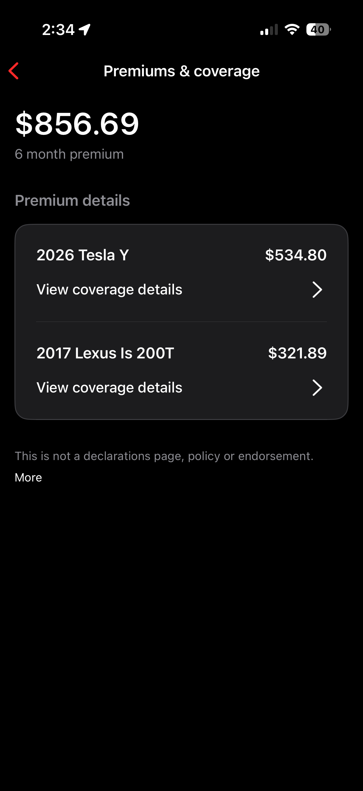 State Farm app showing an $856.69 six-month auto premium: 2026 Tesla Y at $534.80 and 2017 Lexus IS 200T at $321.89