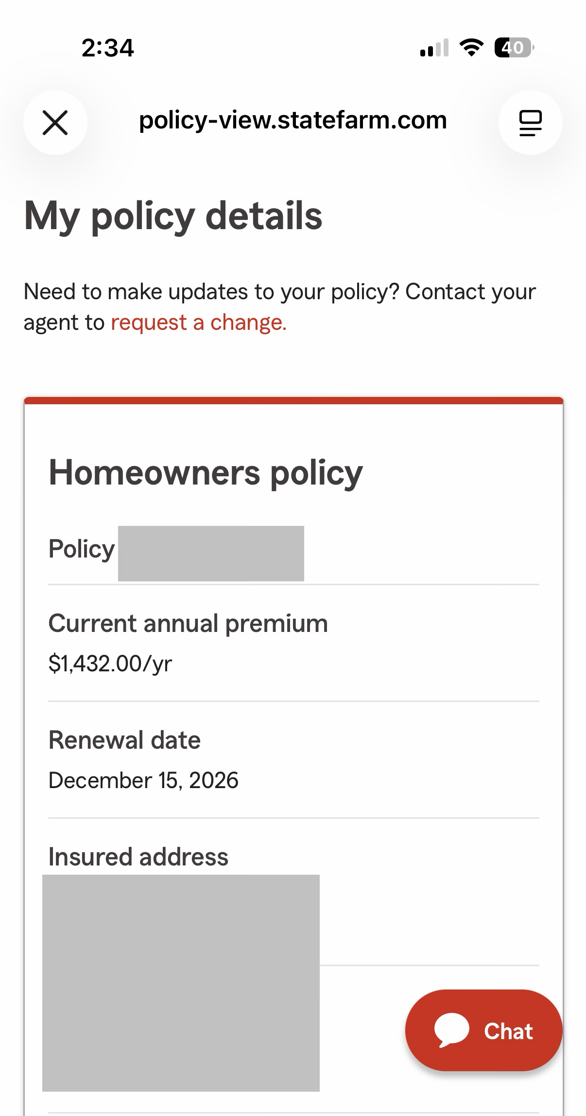 State Farm homeowners policy showing a $1,432.00 annual premium renewing December 15, 2026