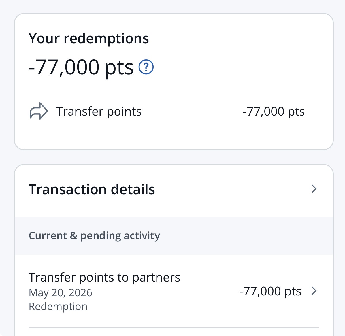 Chase Ultimate Rewards portal confirming 77,000 points transferred to Southwest Rapid Rewards during the 30% bonus