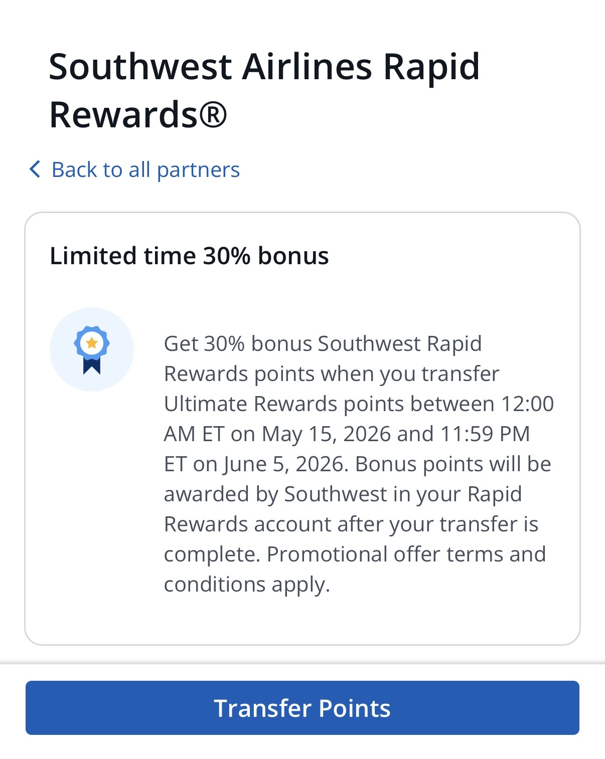 Chase Ultimate Rewards 30% transfer bonus to Southwest Rapid Rewards offer page