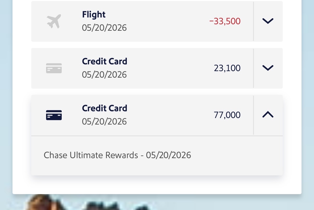 Southwest Rapid Rewards account showing 100,100 points received after a 77,000 Chase Ultimate Rewards transfer with the 30% bonus