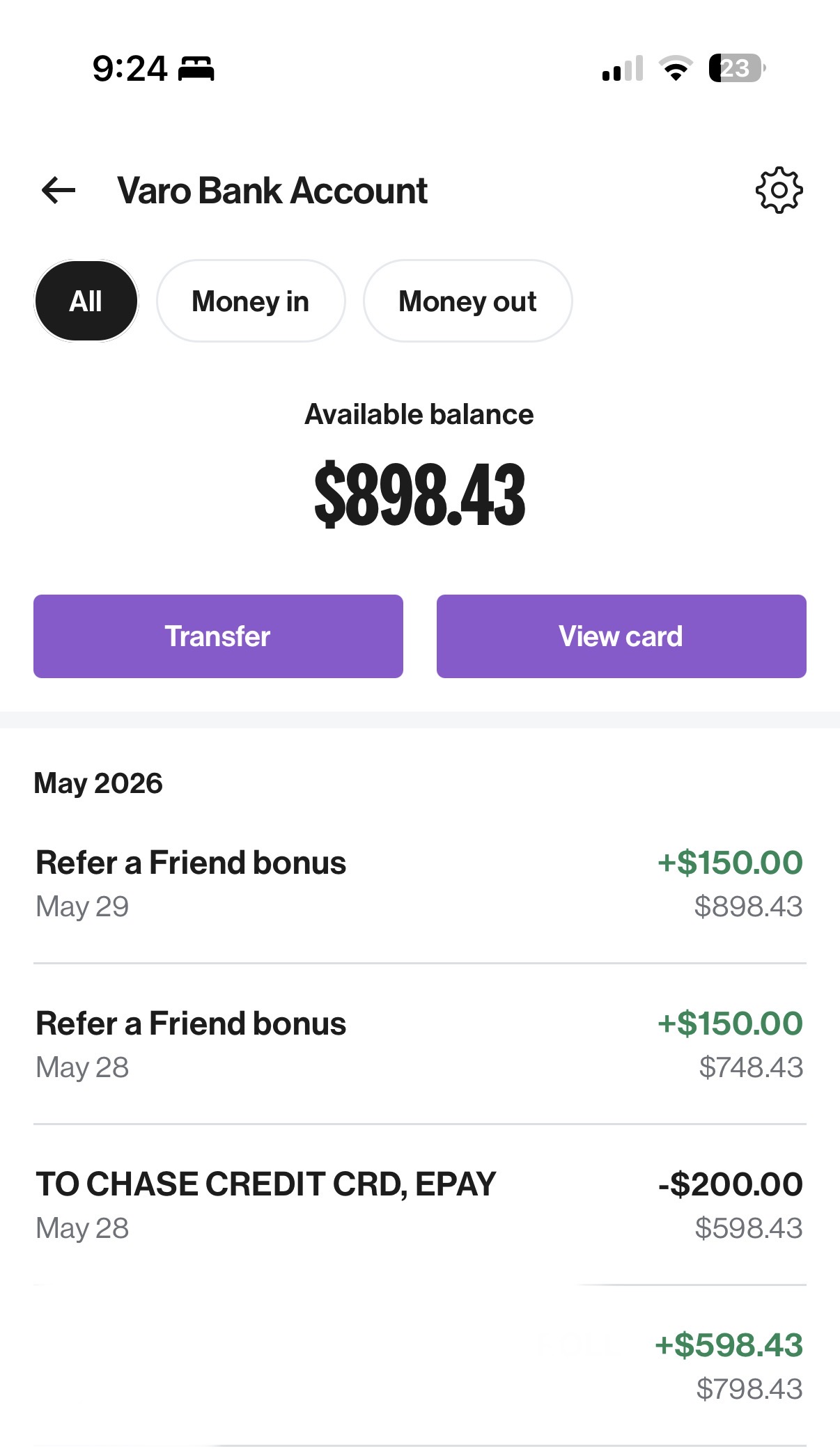 Varo Bank app showing a $150 referral bonus posted to my account on May 29, 2026